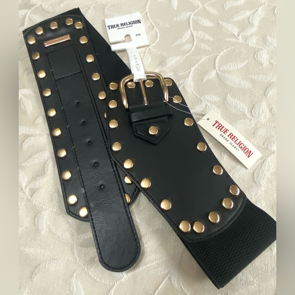🆕 True Religion Belt Womens Small Medium Black Wide Studded Elastic Stretch NWT - Picture 4 of 10
